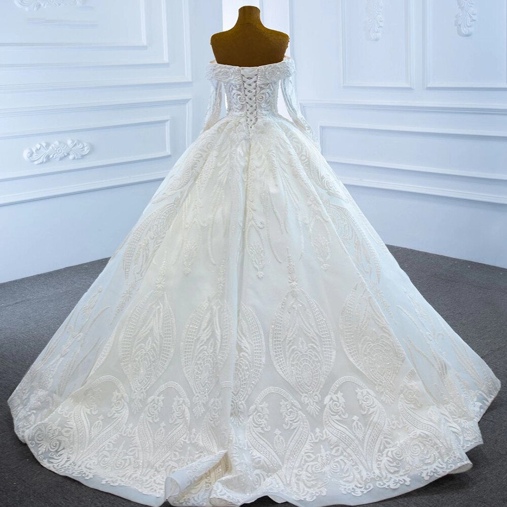 Serene Hill White Off Shoulder Sexy Wedding Dresses Gowns Luxury Beading Pearls Lace Up Bridal Dress 2025 HM67206 Custom Made - SERENE HILL