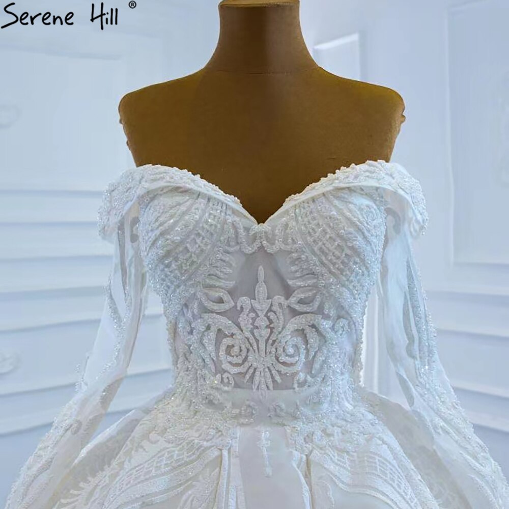 Serene Hill White Off Shoulder Sexy Wedding Dresses Gowns Luxury Beading Pearls Lace Up Bridal Dress 2025 HM67206 Custom Made - SERENE HILL