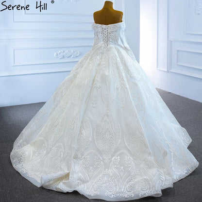 Serene Hill White Off Shoulder Sexy Wedding Dresses Gowns Luxury Beading Pearls Lace Up Bridal Dress 2025 HM67206 Custom Made - SERENE HILL