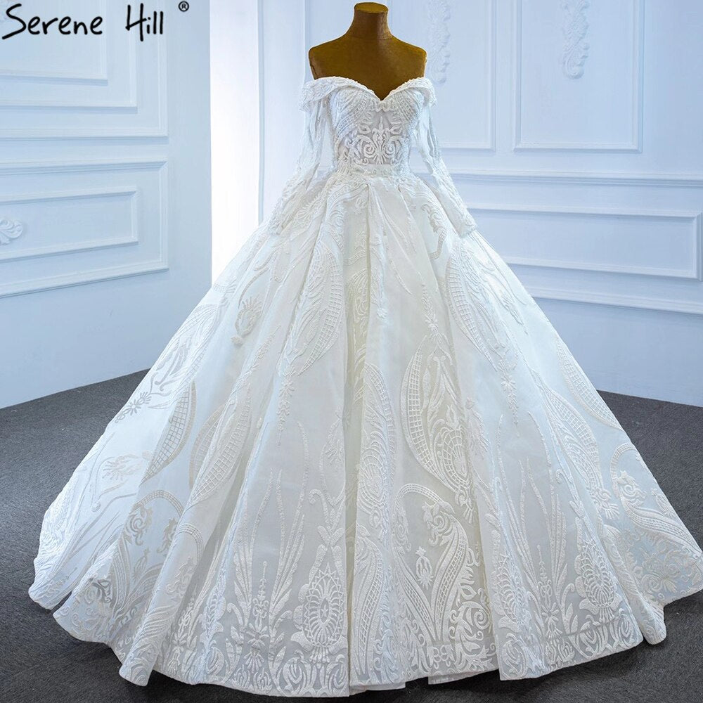 Serene Hill White Off Shoulder Sexy Wedding Dresses Gowns Luxury Beading Pearls Lace Up Bridal Dress 2025 HM67206 Custom Made - SERENE HILL
