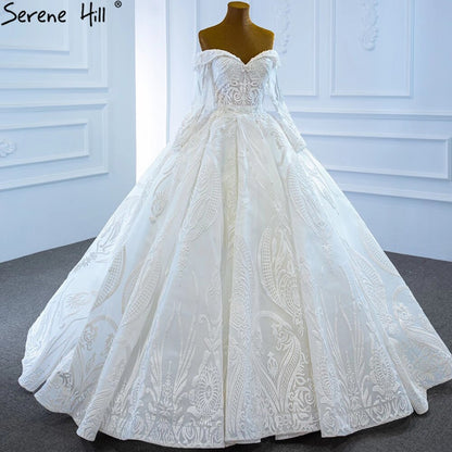 Serene Hill White Off Shoulder Sexy Wedding Dresses Gowns Luxury Beading Pearls Lace Up Bridal Dress 2025 HM67206 Custom Made - SERENE HILL