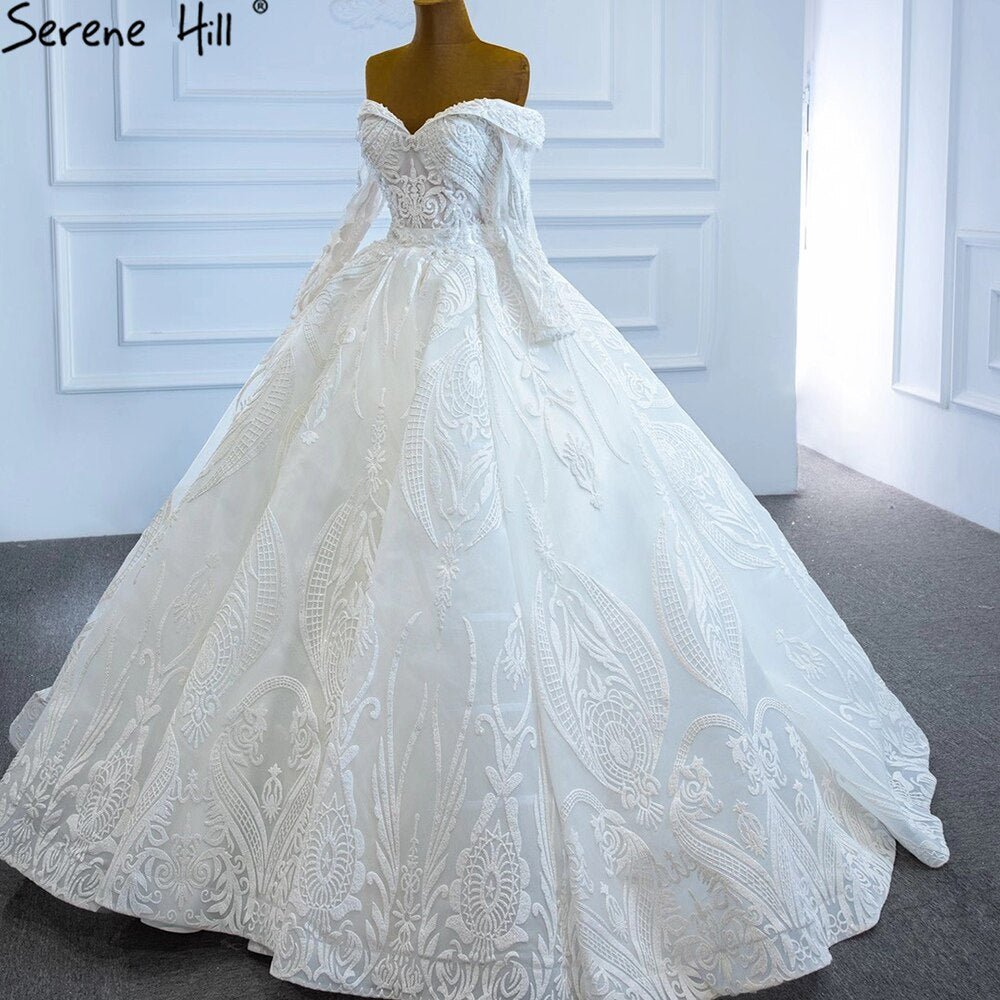 Serene Hill White Off Shoulder Sexy Wedding Dresses Gowns Luxury Beading Pearls Lace Up Bridal Dress 2025 HM67206 Custom Made - SERENE HILL
