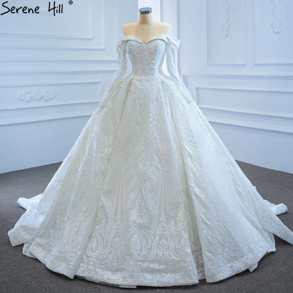 Serene Hill White Off Shoulder Sparkle Wedding Dresses Gowns Luxury Long Sleeves Lace Up Bridal Dress 2025 HM67222 - SERENE HILL