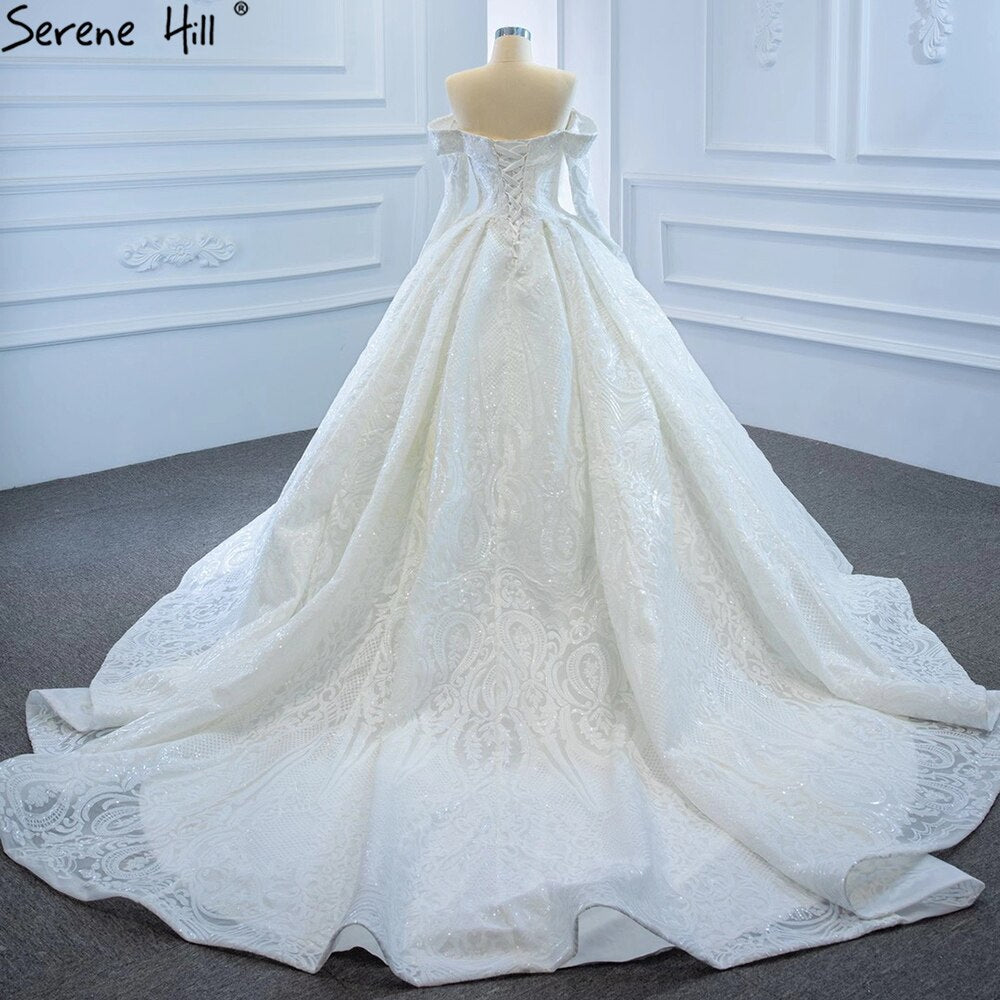Serene Hill White Off Shoulder Sparkle Wedding Dresses Gowns Luxury Long Sleeves Lace Up Bridal Dress 2025 HM67222 - SERENE HILL