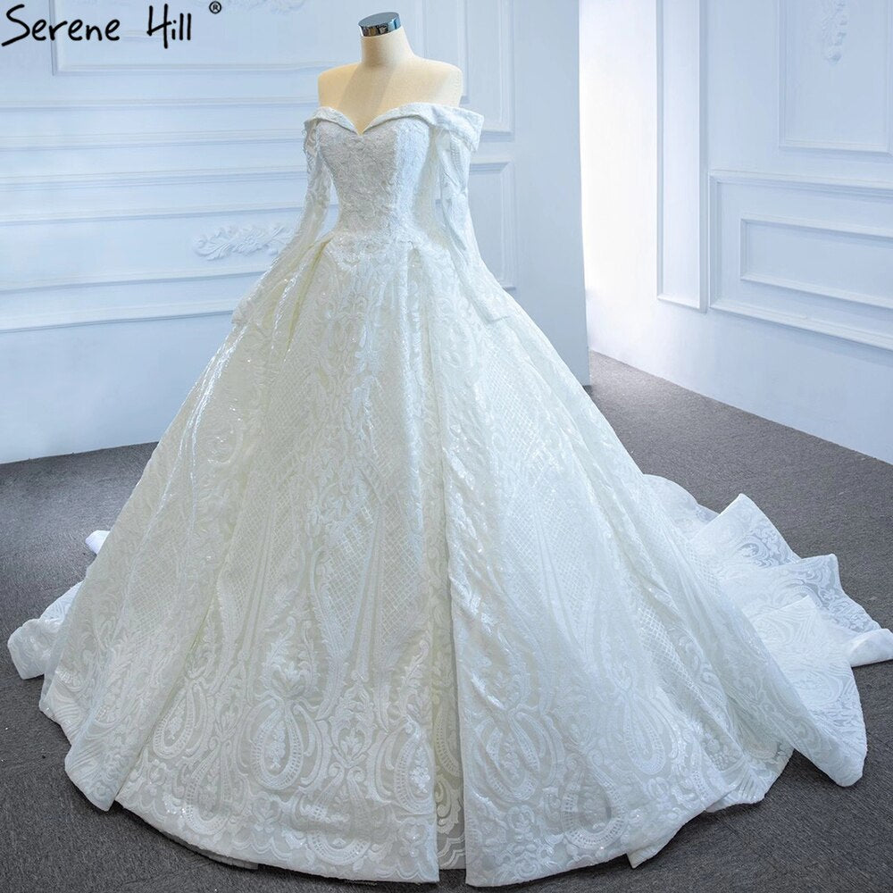 Serene Hill White Off Shoulder Sparkle Wedding Dresses Gowns Luxury Long Sleeves Lace Up Bridal Dress 2025 HM67222 - SERENE HILL