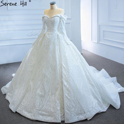 Serene Hill White Off Shoulder Sparkle Wedding Dresses Gowns Luxury Long Sleeves Lace Up Bridal Dress 2025 HM67222 - SERENE HILL