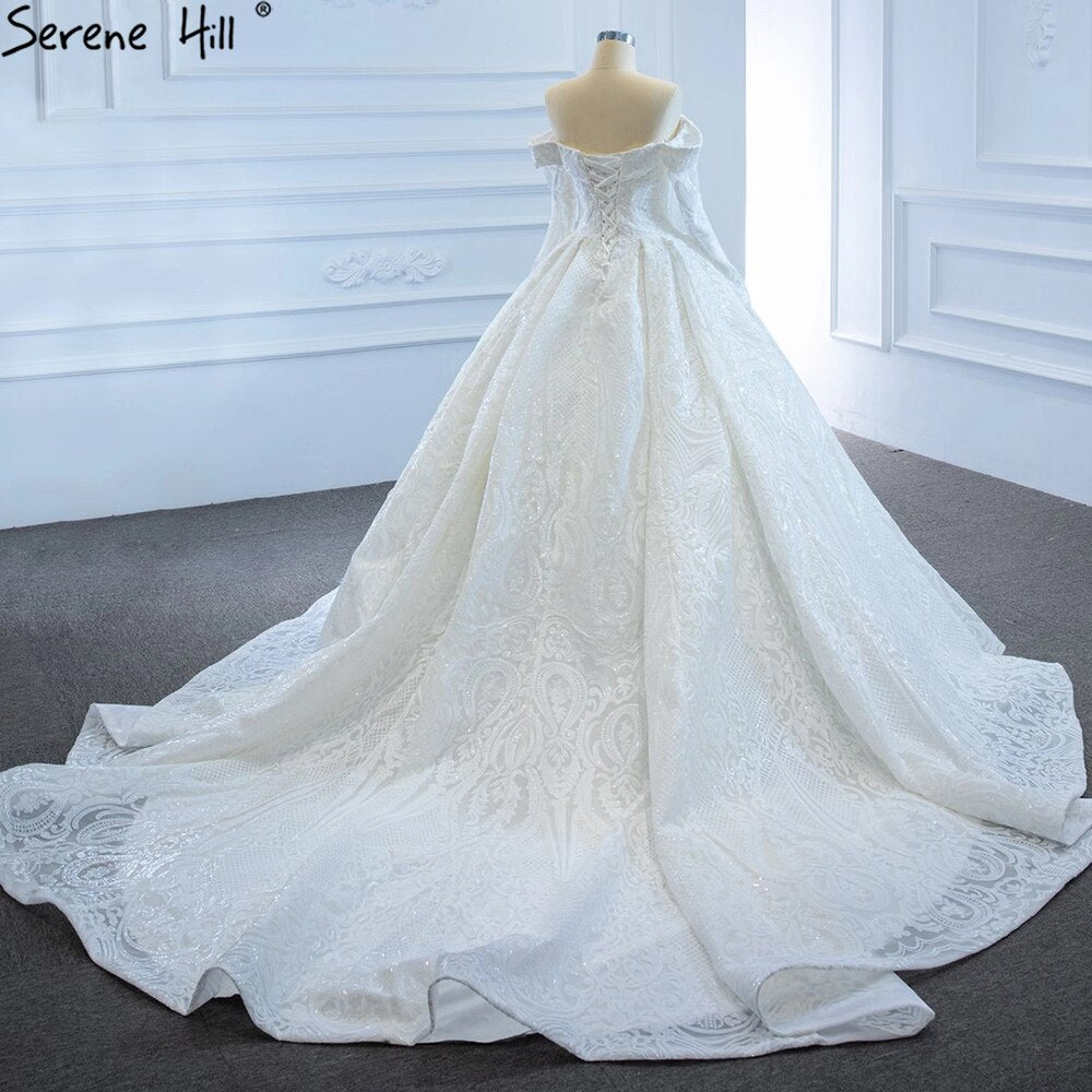 Serene Hill White Off Shoulder Sparkle Wedding Dresses Gowns Luxury Long Sleeves Lace Up Bridal Dress 2025 HM67222 - SERENE HILL
