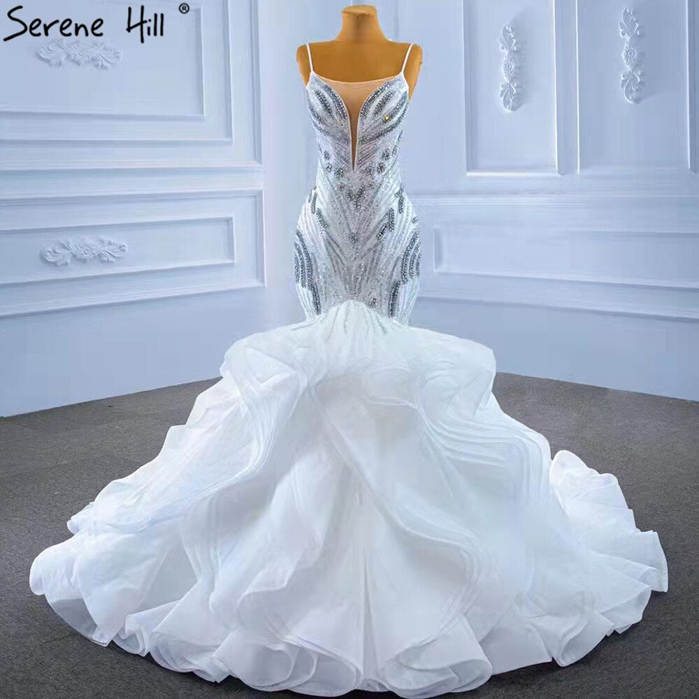 Serene Hill White Ruffles Beaded Luxury Wedding Dresses Gowns 2025 Spaghetti Straps Mermaid Elegant Bridal Dress HM67386 - SERENE HILL