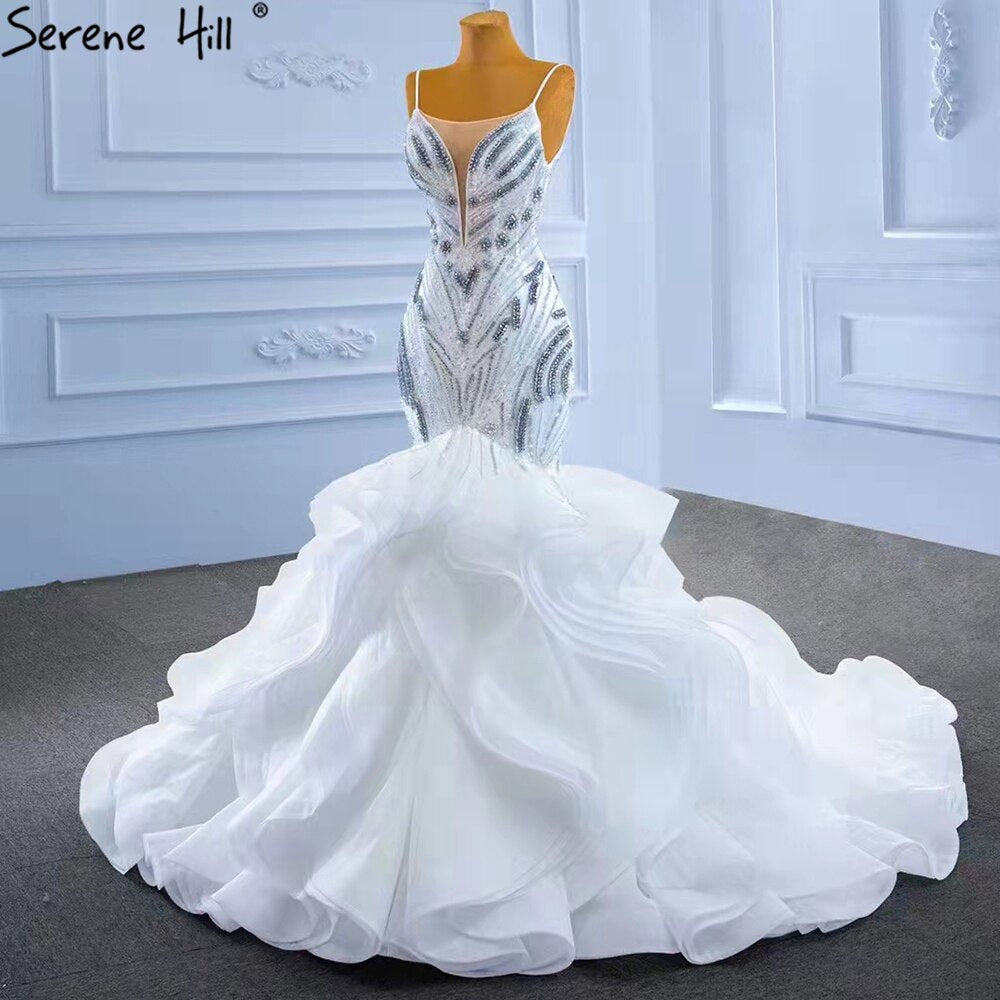 Serene Hill White Ruffles Beaded Luxury Wedding Dresses Gowns 2025 Spaghetti Straps Mermaid Elegant Bridal Dress HM67386 - SERENE HILL
