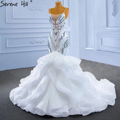 Serene Hill White Ruffles Beaded Luxury Wedding Dresses Gowns 2025 Spaghetti Straps Mermaid Elegant Bridal Dress HM67386 - SERENE HILL