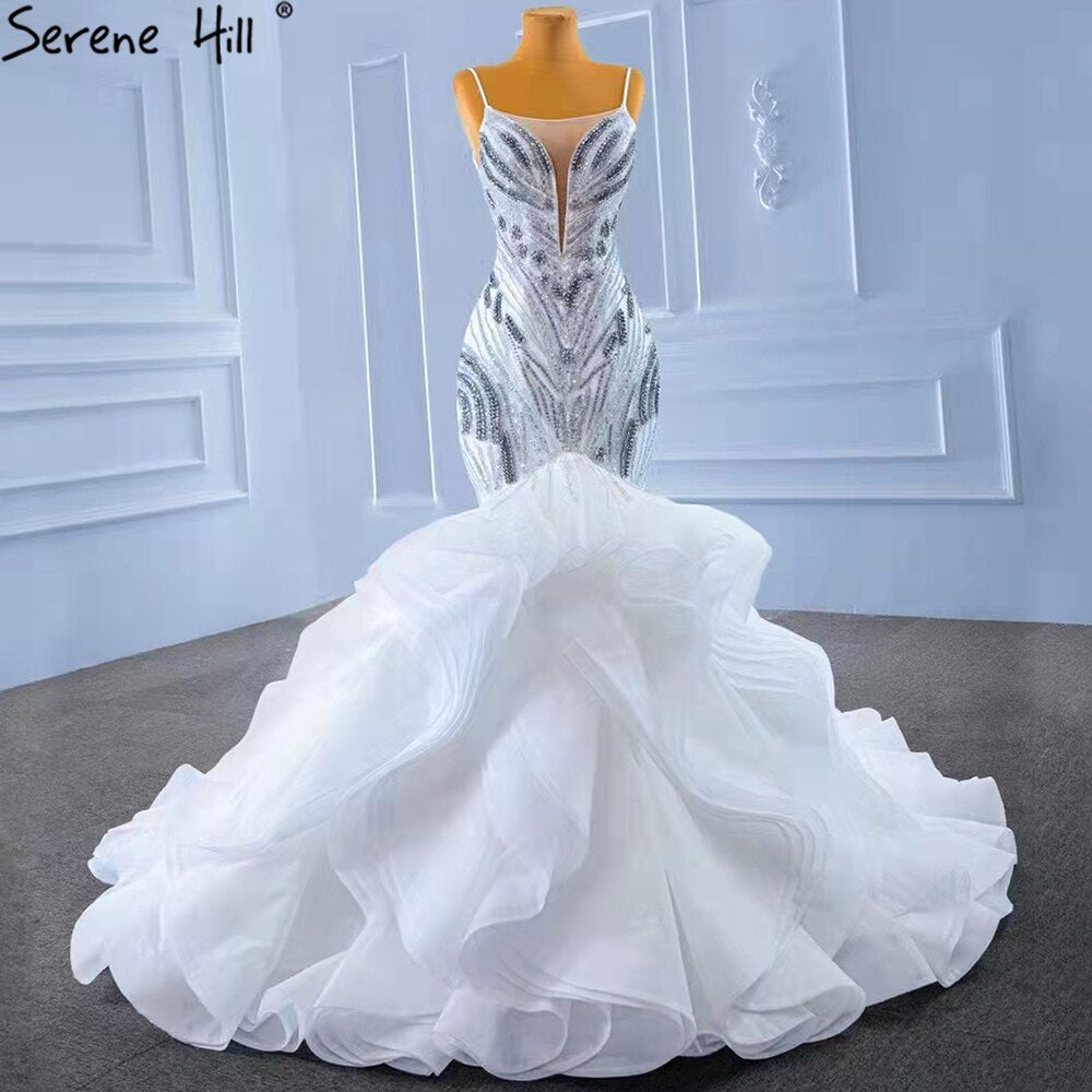 Serene Hill White Ruffles Beaded Luxury Wedding Dresses Gowns 2025 Spaghetti Straps Mermaid Elegant Bridal Dress HM67386 - SERENE HILL
