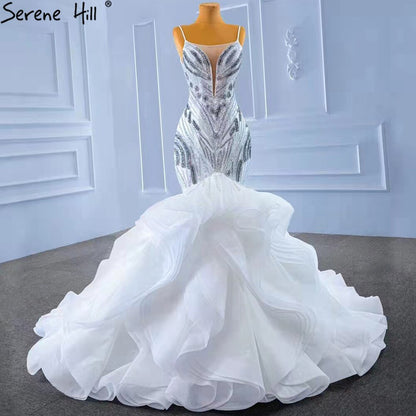 Serene Hill White Ruffles Beaded Luxury Wedding Dresses Gowns 2025 Spaghetti Straps Mermaid Elegant Bridal Dress HM67386 - SERENE HILL