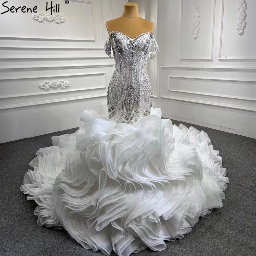 Serene Hill White Ruffles Beaded Wedding Dresses 2025 Mermaid Luxury Elegant Bride Gowns HM67283 Custom Made - SERENE HILL