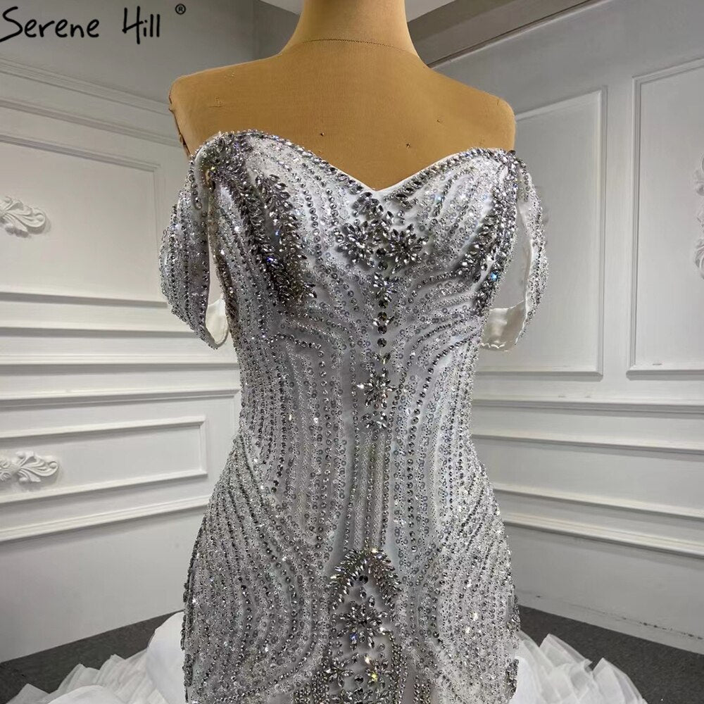 Serene Hill White Ruffles Beaded Wedding Dresses 2025 Mermaid Luxury Elegant Bride Gowns HM67283 Custom Made - SERENE HILL