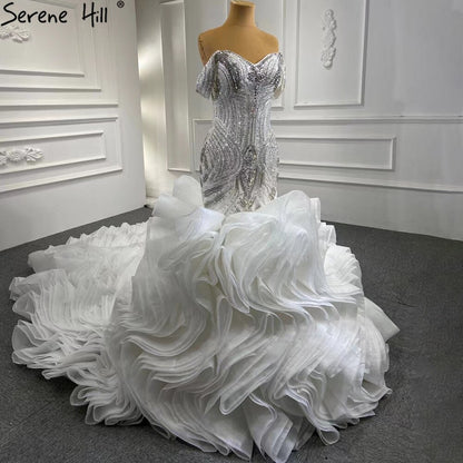 Serene Hill White Ruffles Beaded Wedding Dresses 2025 Mermaid Luxury Elegant Bride Gowns HM67283 Custom Made - SERENE HILL