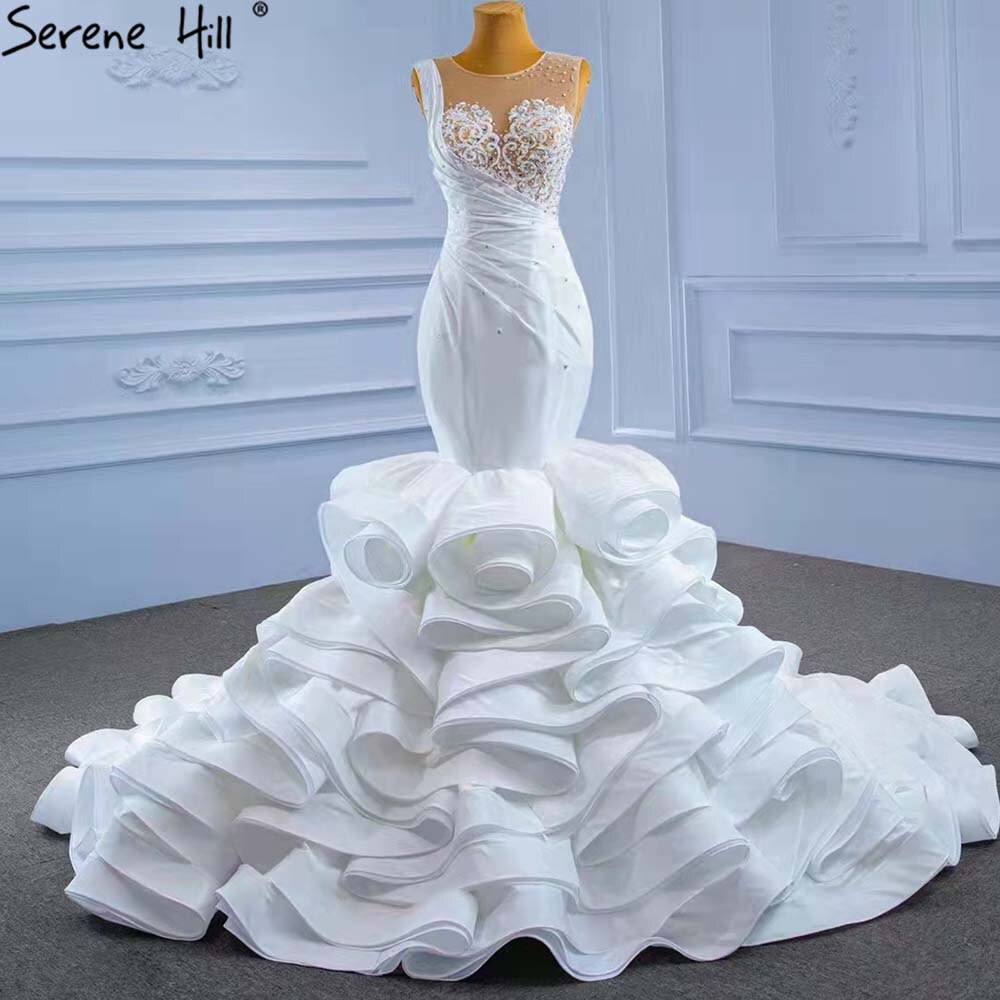 Serene Hill White Ruffles Beaded Wedding Dresses 2025 Sleeveless Luxury High-end Bride Gowns HM67413 Custom Made - SERENE HILL