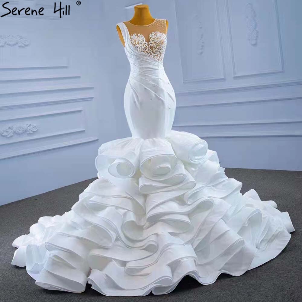 Serene Hill White Ruffles Beaded Wedding Dresses 2025 Sleeveless Luxury High-end Bride Gowns HM67413 Custom Made - SERENE HILL