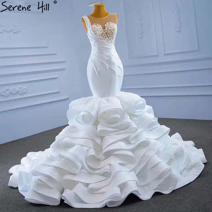 Serene Hill White Ruffles Beaded Wedding Dresses 2025 Sleeveless Luxury High-end Bride Gowns HM67413 Custom Made - SERENE HILL