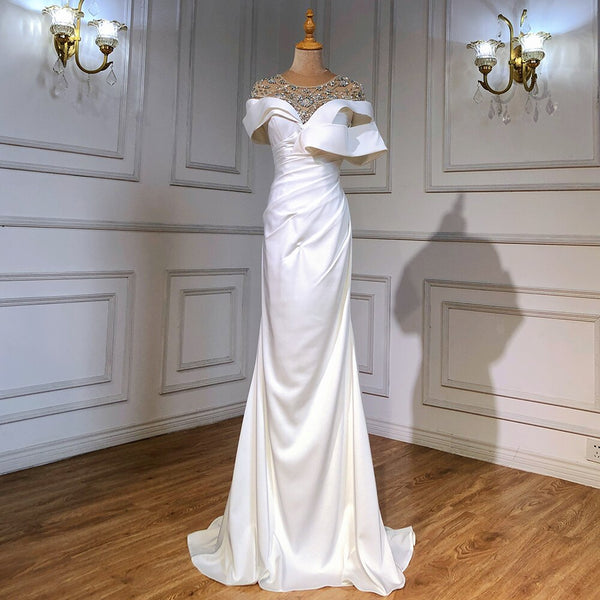 Serene Hill White Satin Beaded Evening Dresses Gowns 2025 Mermaid Elegant Luxury For Women Party LA71487