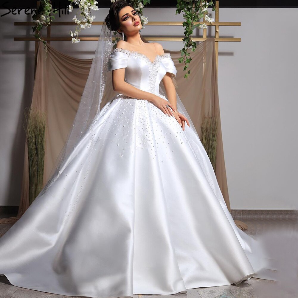 Serene Hill White Satin Beading Pearls Wedding Dresses 2025 Sleeveless High-end Lace Up Bridal Dress HM67240 - SERENE HILL