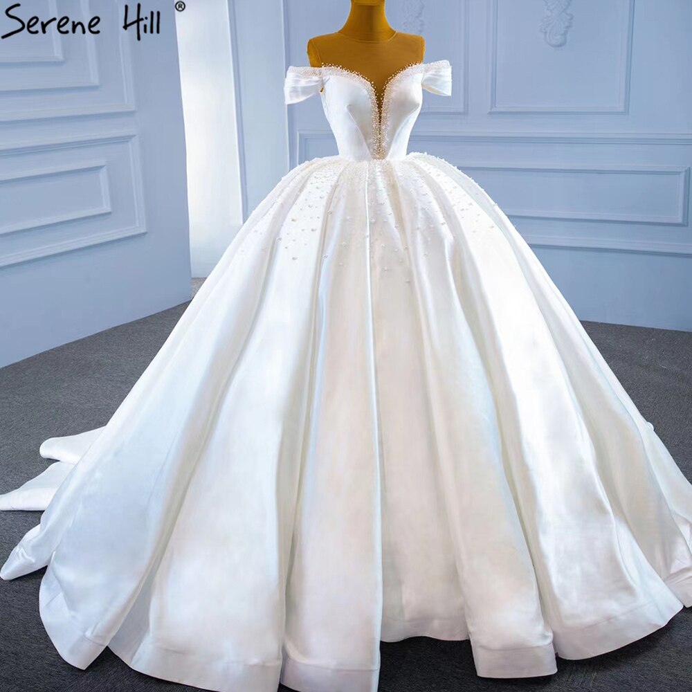 Serene Hill White Satin Beading Pearls Wedding Dresses 2025 Sleeveless High-end Lace Up Bridal Dress HM67240 - SERENE HILL