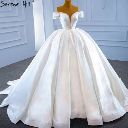 Serene Hill White Satin Beading Pearls Wedding Dresses 2025 Sleeveless High-end Lace Up Bridal Dress HM67240 - SERENE HILL