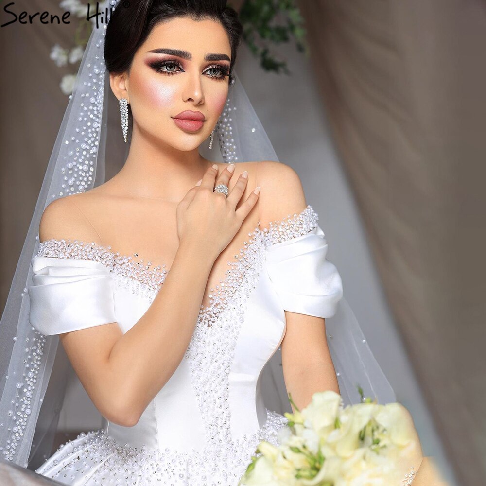 Serene Hill White Satin Beading Pearls Wedding Dresses 2025 Sleeveless High-end Lace Up Bridal Dress HM67240 - SERENE HILL