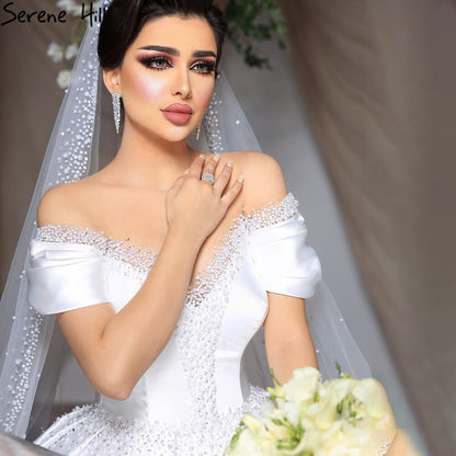 Serene Hill White Satin Beading Pearls Wedding Dresses 2025 Sleeveless High-end Lace Up Bridal Dress HM67240 - SERENE HILL