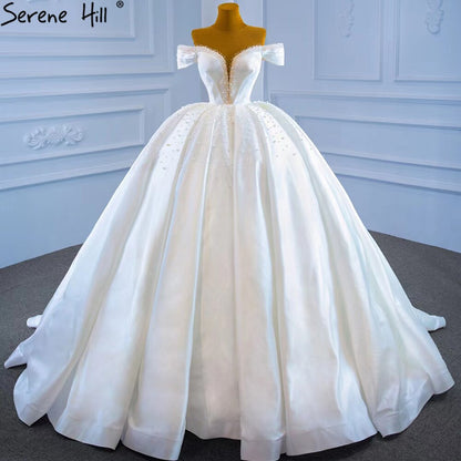 Serene Hill White Satin Beading Pearls Wedding Dresses 2025 Sleeveless High-end Lace Up Bridal Dress HM67240 - SERENE HILL