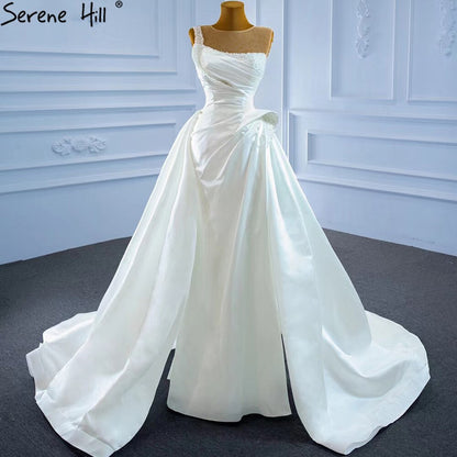 Serene Hill White Satin High Split Wedding Dresses 2025 Beading Pearls Sexy With Train Bridal Dress HM67252 Custom Made - SERENE HILL