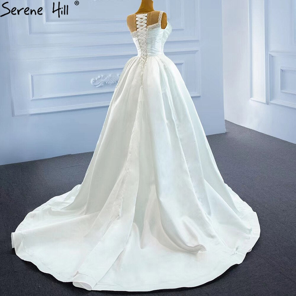 Serene Hill White Satin High Split Wedding Dresses 2025 Beading Pearls Sexy With Train Bridal Dress HM67252 Custom Made - SERENE HILL