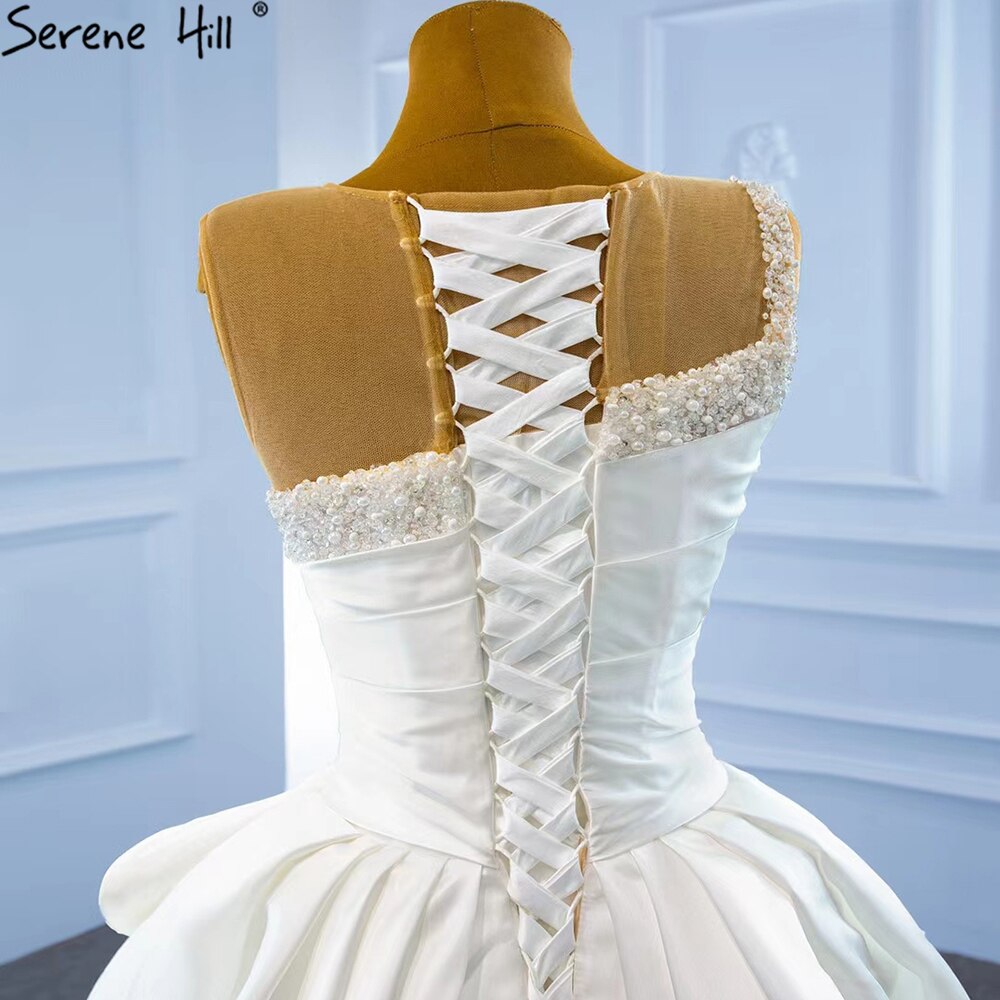 Serene Hill White Satin High Split Wedding Dresses 2025 Beading Pearls Sexy With Train Bridal Dress HM67252 Custom Made - SERENE HILL