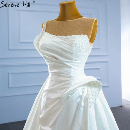 Serene Hill White Satin High Split Wedding Dresses 2025 Beading Pearls Sexy With Train Bridal Dress HM67252 Custom Made - SERENE HILL
