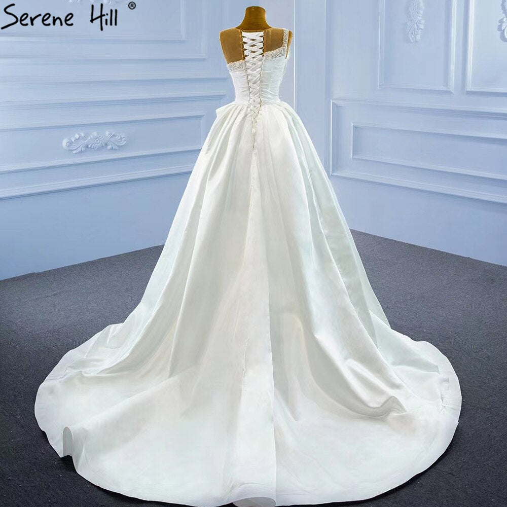 Serene Hill White Satin High Split Wedding Dresses 2025 Beading Pearls Sexy With Train Bridal Dress HM67252 Custom Made - SERENE HILL