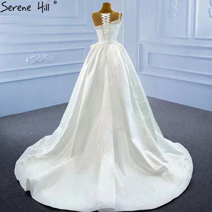 Serene Hill White Satin High Split Wedding Dresses 2025 Beading Pearls Sexy With Train Bridal Dress HM67252 Custom Made - SERENE HILL