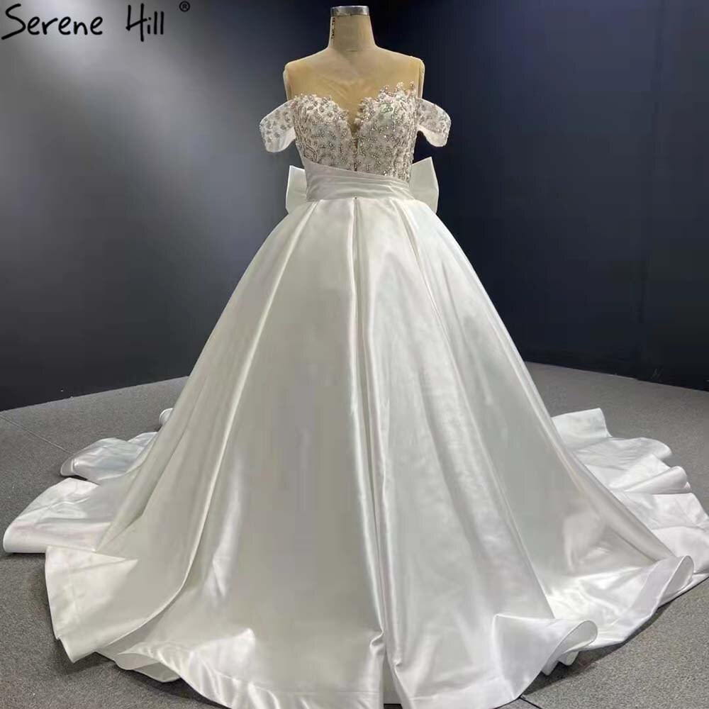 Serene Hill White Satin Lace Up Wedding Dresses 2025 Beaded Bow High-end Bride Gowns HM67412 Custom Made - SERENE HILL