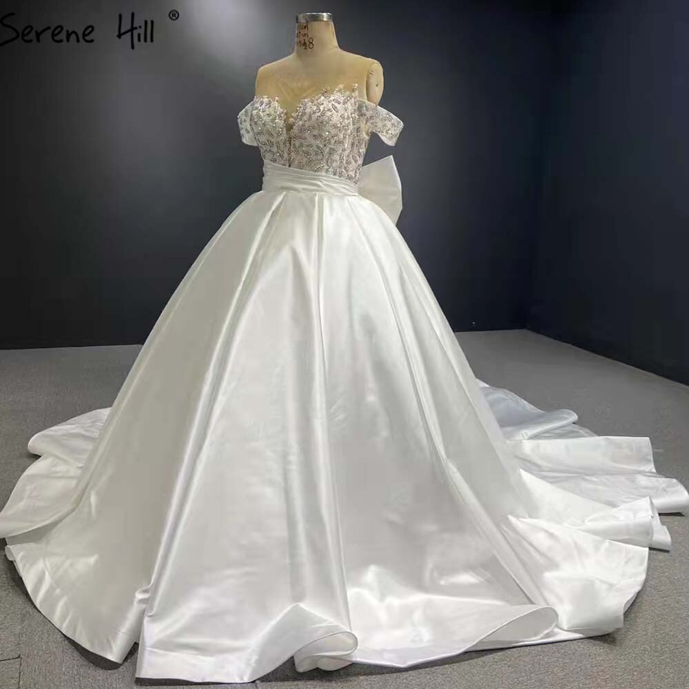 Serene Hill White Satin Lace Up Wedding Dresses 2025 Beaded Bow High-end Bride Gowns HM67412 Custom Made - SERENE HILL