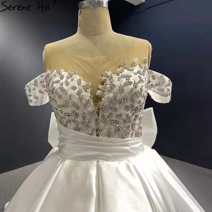 Serene Hill White Satin Lace Up Wedding Dresses 2025 Beaded Bow High-end Bride Gowns HM67412 Custom Made - SERENE HILL