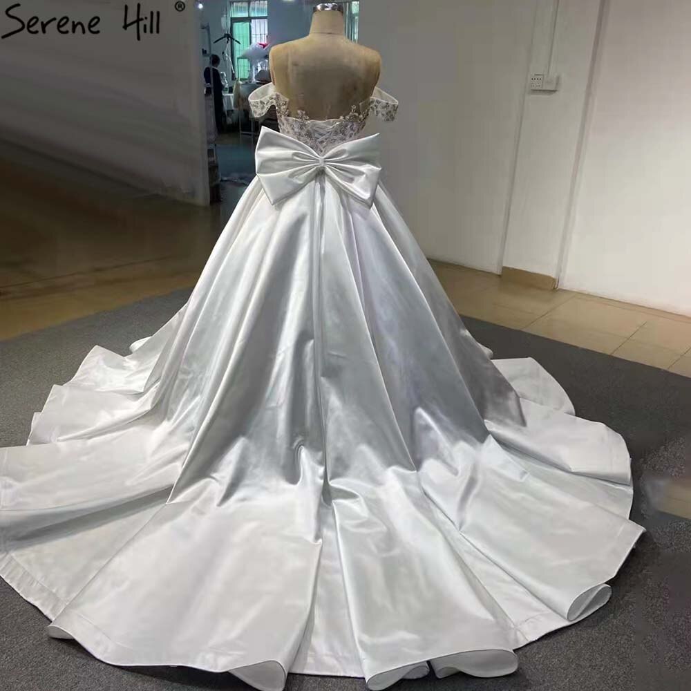 Serene Hill White Satin Lace Up Wedding Dresses 2025 Beaded Bow High-end Bride Gowns HM67412 Custom Made - SERENE HILL