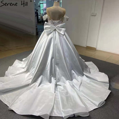 Serene Hill White Satin Lace Up Wedding Dresses 2025 Beaded Bow High-end Bride Gowns HM67412 Custom Made - SERENE HILL