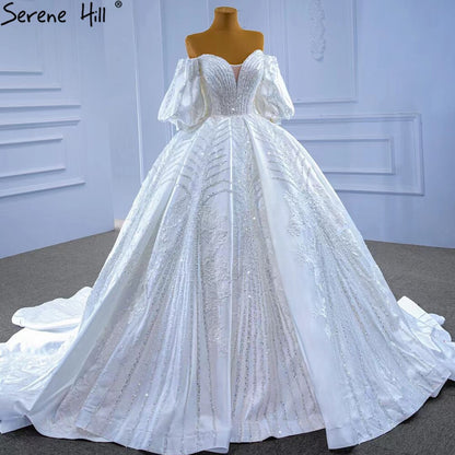 Serene Hill White Satin Luxury Wedding Dresses 2025 Beaded Lantern Sleeve Bride Gowns HM67326 Custom Made - SERENE HILL