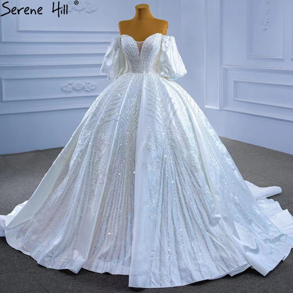 Serene Hill White Satin Luxury Wedding Dresses 2025 Beaded Lantern Sleeve Bride Gowns HM67326 Custom Made - SERENE HILL