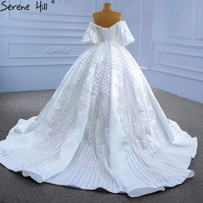 Serene Hill White Satin Luxury Wedding Dresses 2025 Beaded Lantern Sleeve Bride Gowns HM67326 Custom Made - SERENE HILL