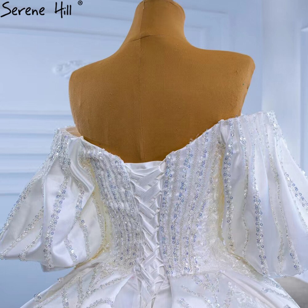 Serene Hill White Satin Luxury Wedding Dresses 2025 Beaded Lantern Sleeve Bride Gowns HM67326 Custom Made - SERENE HILL