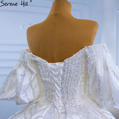 Serene Hill White Satin Luxury Wedding Dresses 2025 Beaded Lantern Sleeve Bride Gowns HM67326 Custom Made - SERENE HILL