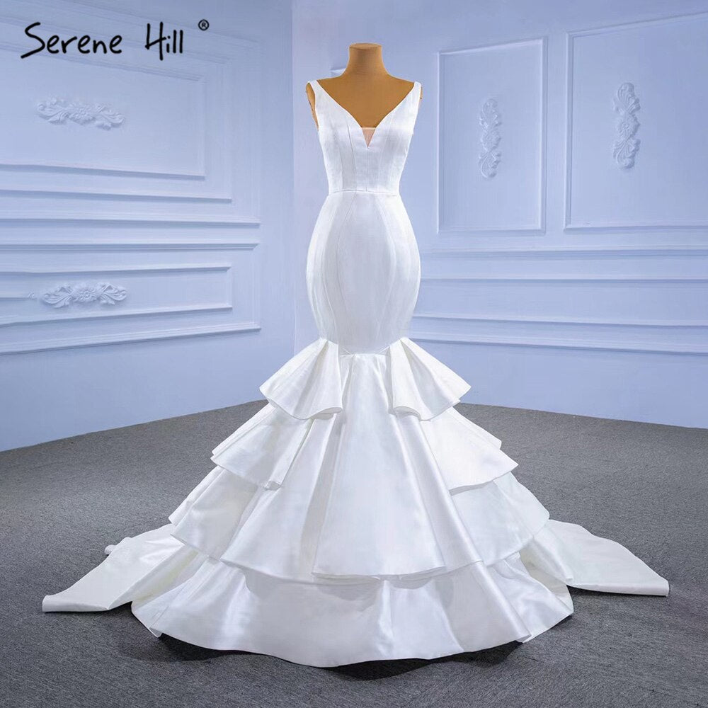 Serene Hill White Satin Mermaid Wedding Dresses 2025 Tiered Elegant Simple Sexy Bride Gowns HM67312 Custom Made - SERENE HILL