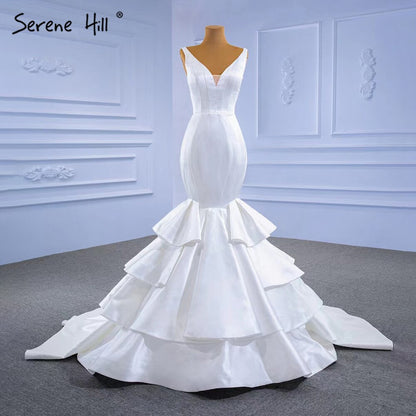 Serene Hill White Satin Mermaid Wedding Dresses 2025 Tiered Elegant Simple Sexy Bride Gowns HM67312 Custom Made - SERENE HILL