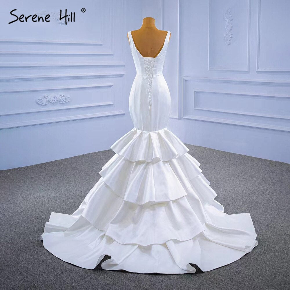 Serene Hill White Satin Mermaid Wedding Dresses 2025 Tiered Elegant Simple Sexy Bride Gowns HM67312 Custom Made - SERENE HILL