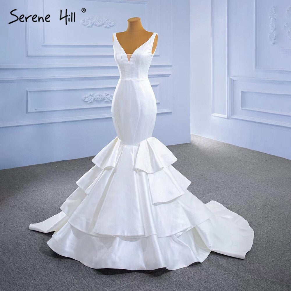 Serene Hill White Satin Mermaid Wedding Dresses 2025 Tiered Elegant Simple Sexy Bride Gowns HM67312 Custom Made - SERENE HILL
