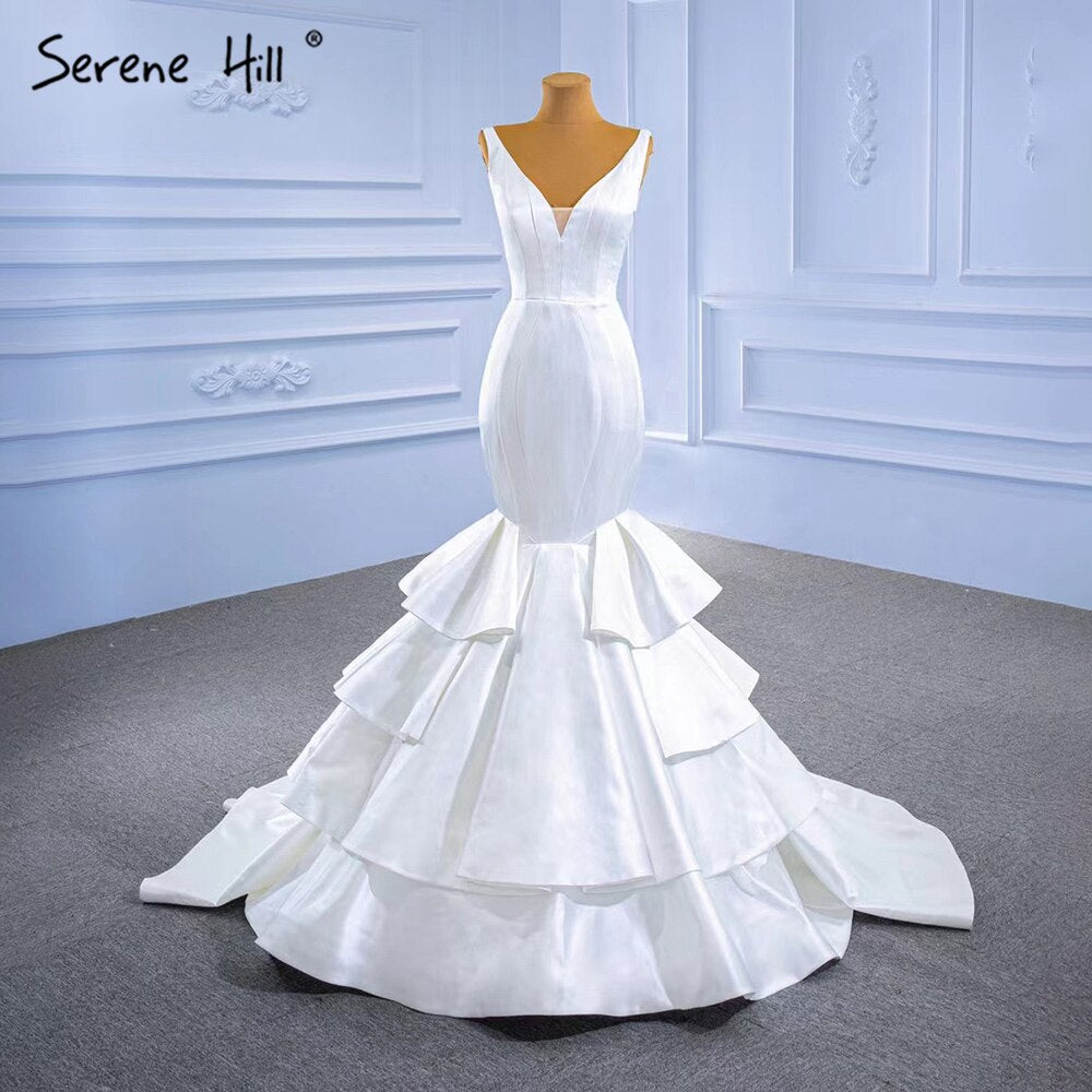 Serene Hill White Satin Mermaid Wedding Dresses 2025 Tiered Elegant Simple Sexy Bride Gowns HM67312 Custom Made - SERENE HILL